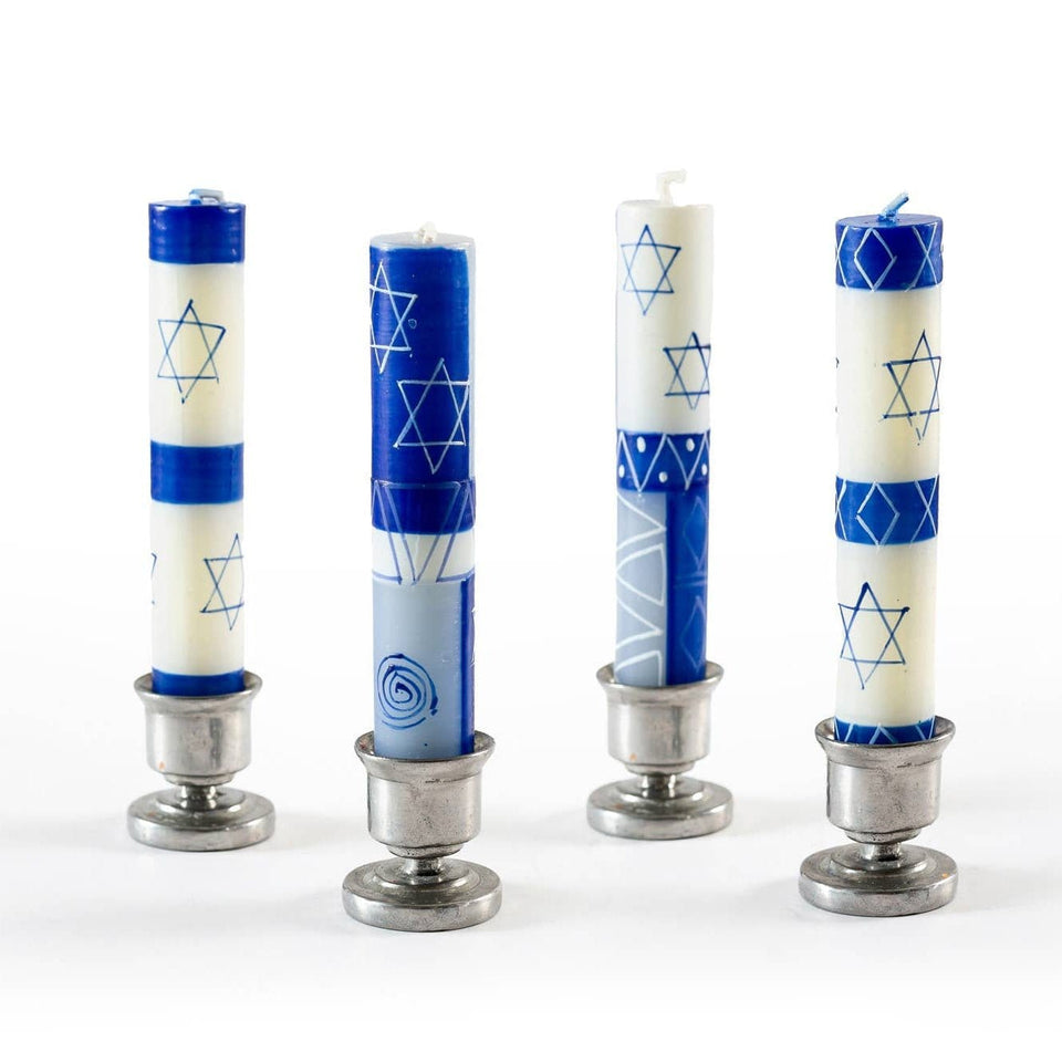 Thumbprint Artifacts Shabbat Candles Hand-Painted Blue Star of David Shabbat Candles - Pack of 4