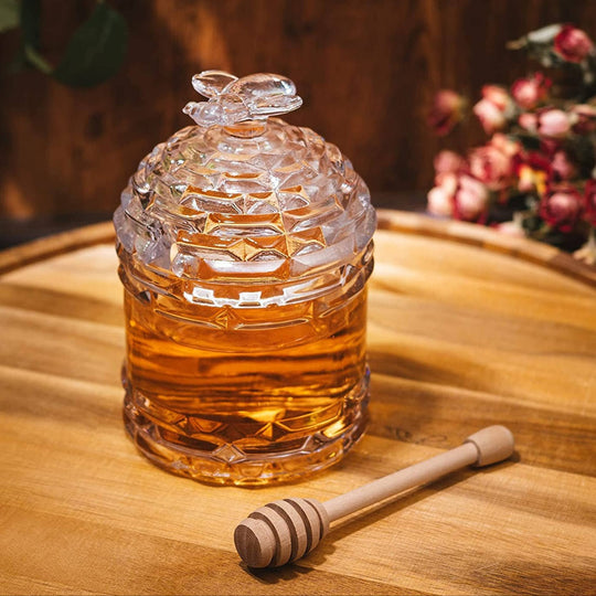 Glass Beehive Honey Jar and Wooden Dipper