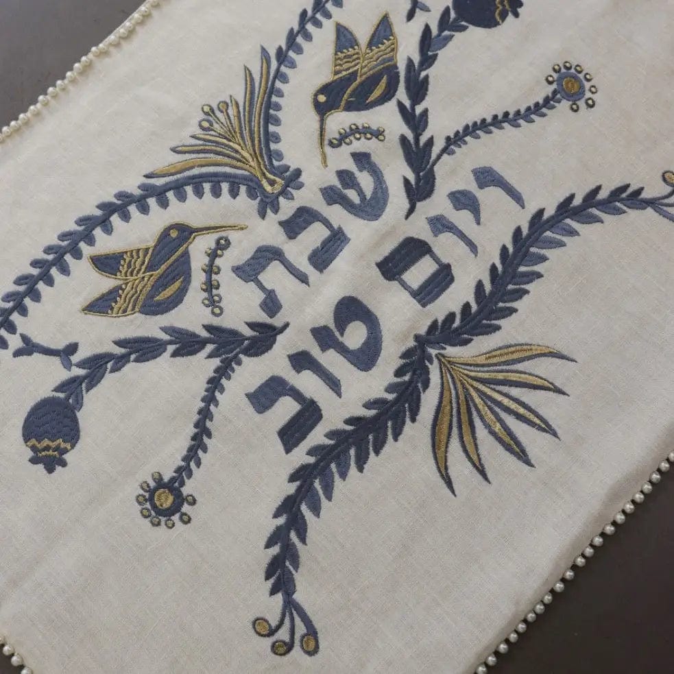 EMUNAH - Handmade Birds and Shabbat Shalom Challah Cover - Blue and Gold - ModernTribe