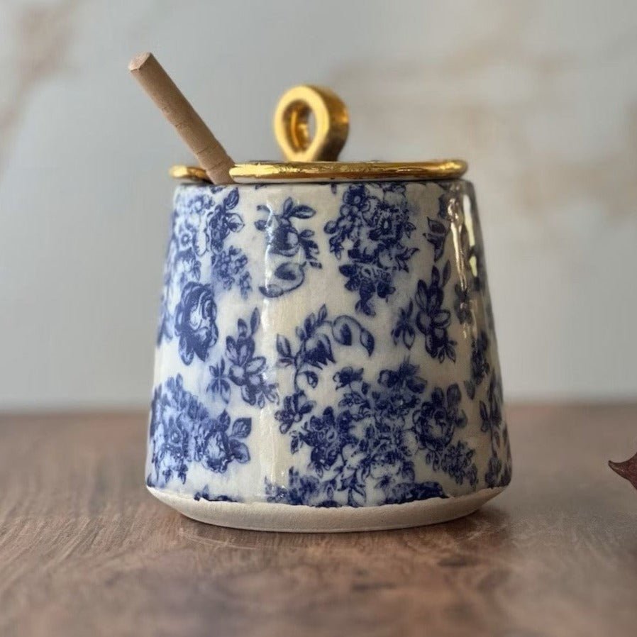 Claylicious - Ceramic Floral Honey Jar with Wooden Dipper - ModernTribe