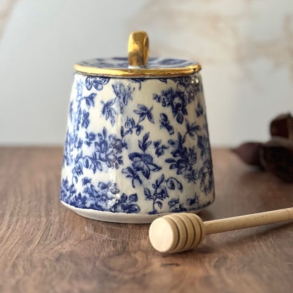 Claylicious - Ceramic Floral Honey Jar with Wooden Dipper - ModernTribe