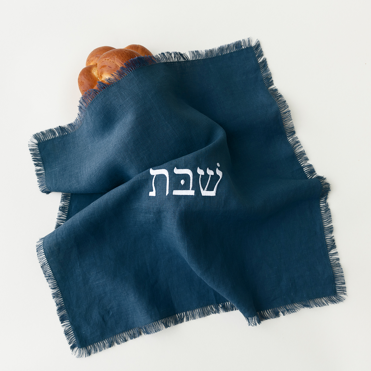 Embroidered Linen Challah Cover - Dark Blue