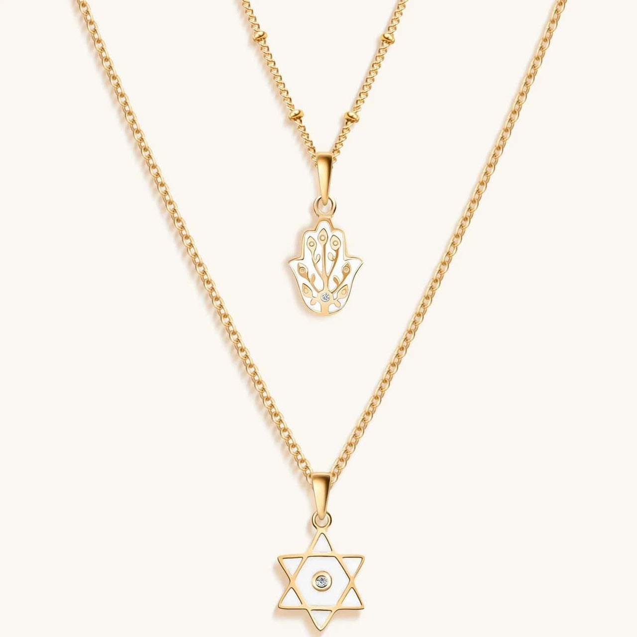 Karma and Luck - 18k Gold Hamsa and Star of David Double Chain Necklace - ModernTribe