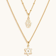 Karma and Luck Necklaces 18k Gold Hamsa and Star of David Double Chain Necklace