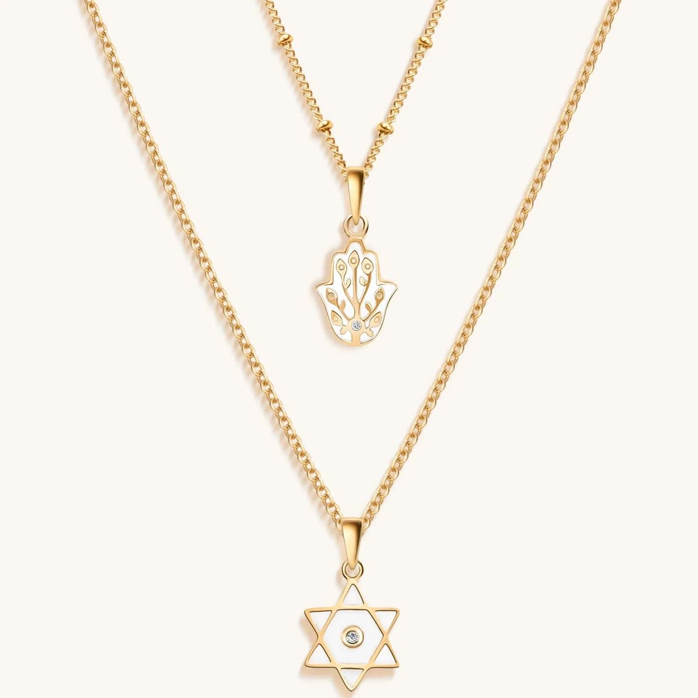 Karma and Luck Necklaces 18k Gold Hamsa and Star of David Double Chain Necklace