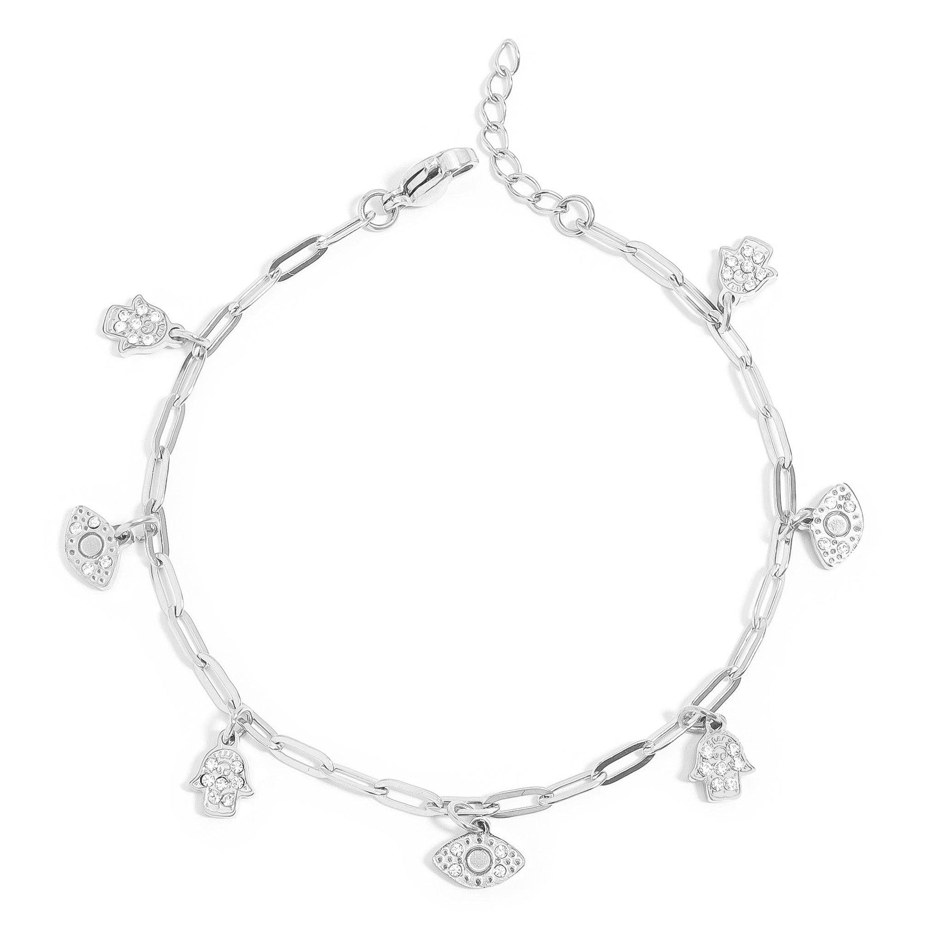 WJW Bracelets 18K Gold PVD Hamsa & Evil Eye Paperclip Chain Charm Bracelet: Stainless