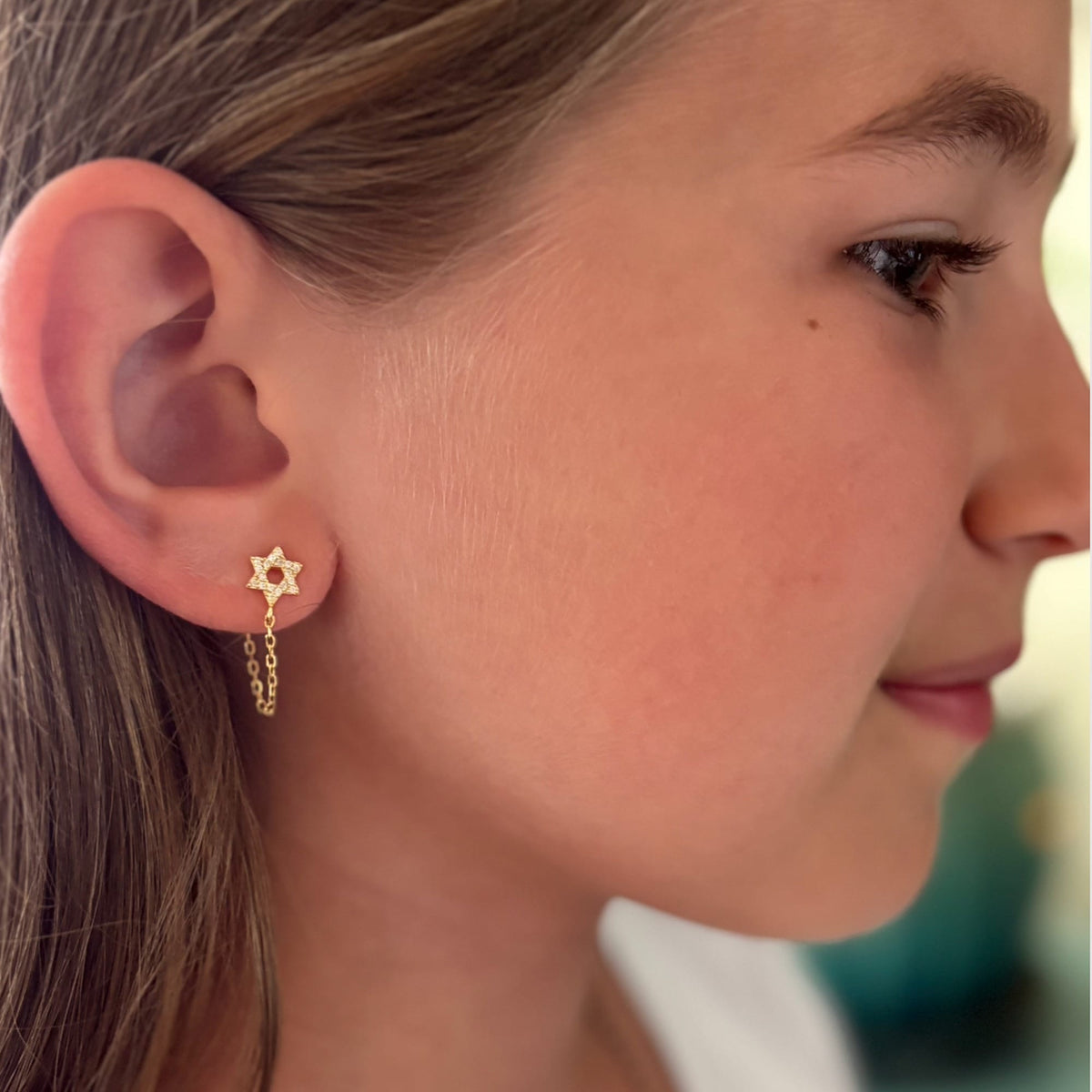 Dainty Star of David Chain Earrings - Gold and CZ