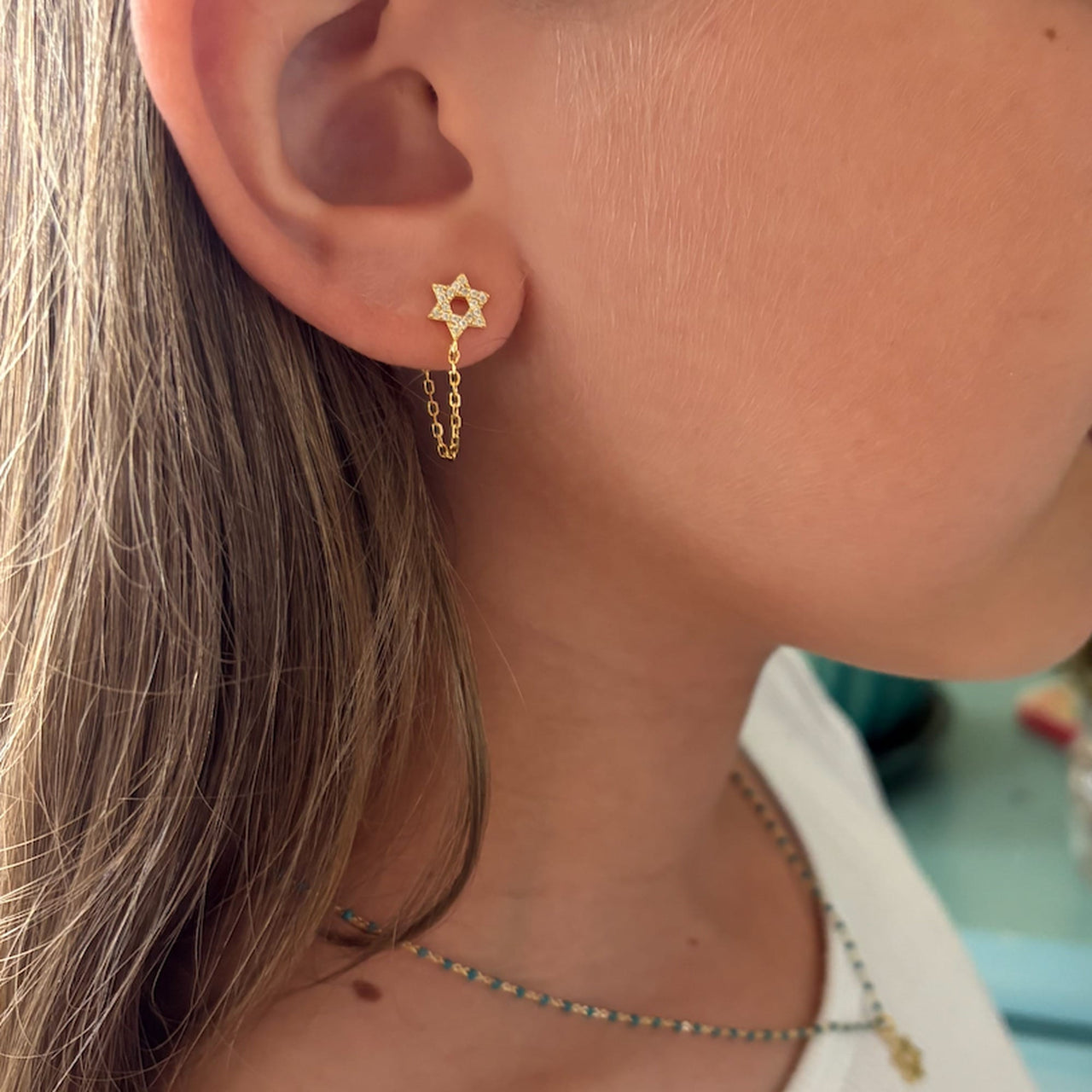 Dainty Star of David Chain Earrings - Gold and CZ