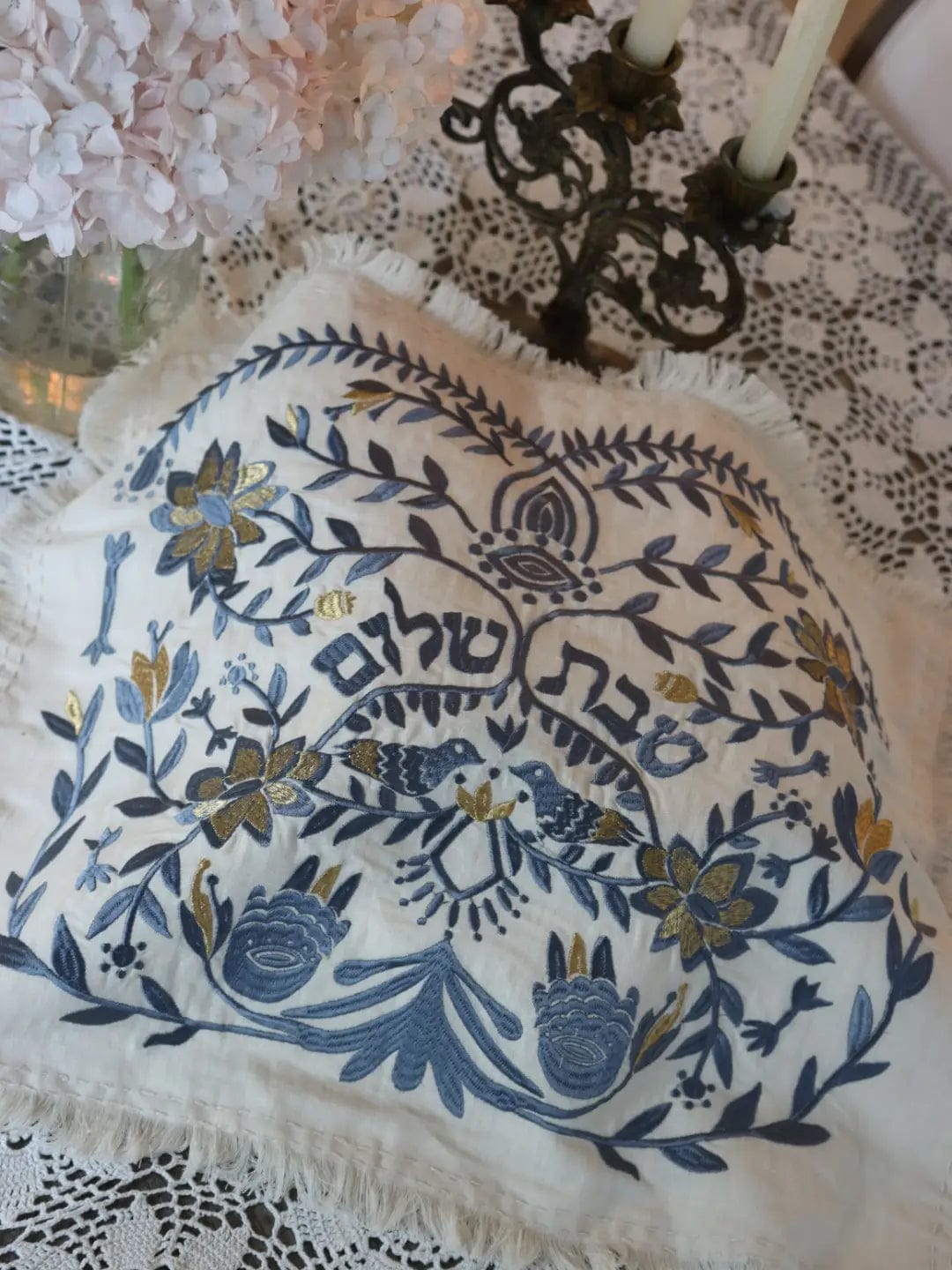 EMUNAH - Handmade Linen Challah Cover - Blue and Gold - ModernTribe