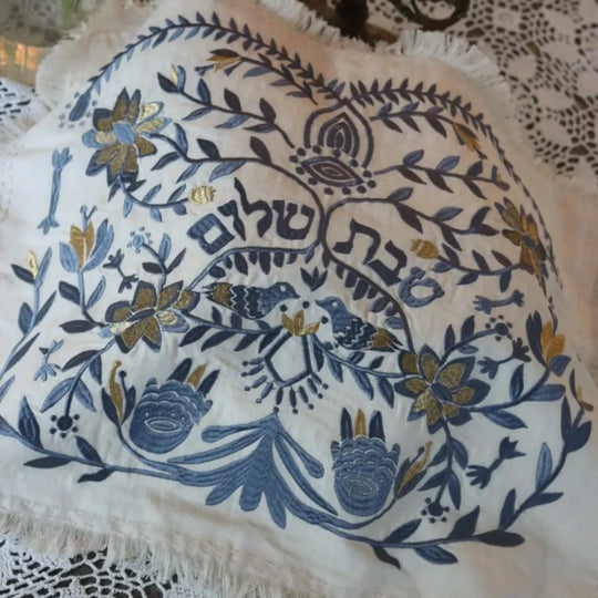 Handmade Linen Challah Cover - Blue and Gold