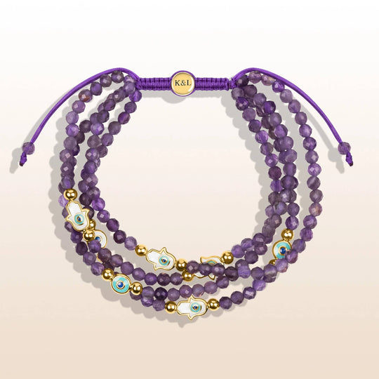 Amethyst Hamsa Evil Eye Charm Bracelet
