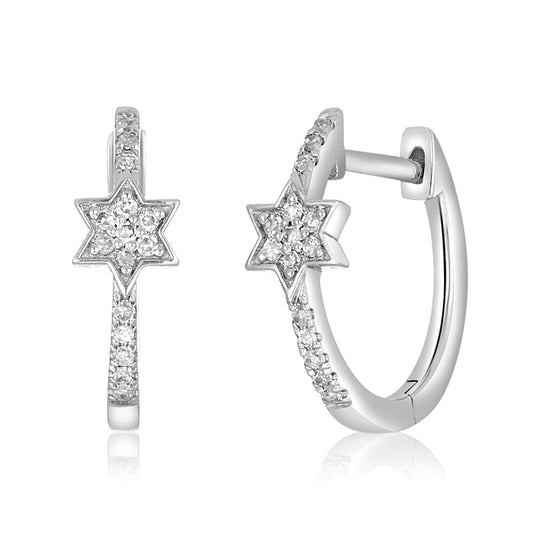 Diamond Star of David Huggie Hoop Earrings - 14k Yellow or White Gold