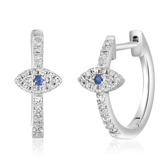 Evil Eye Sapphire and Huggie Hoop Diamond Earrings 14k - Yellow or White Gold