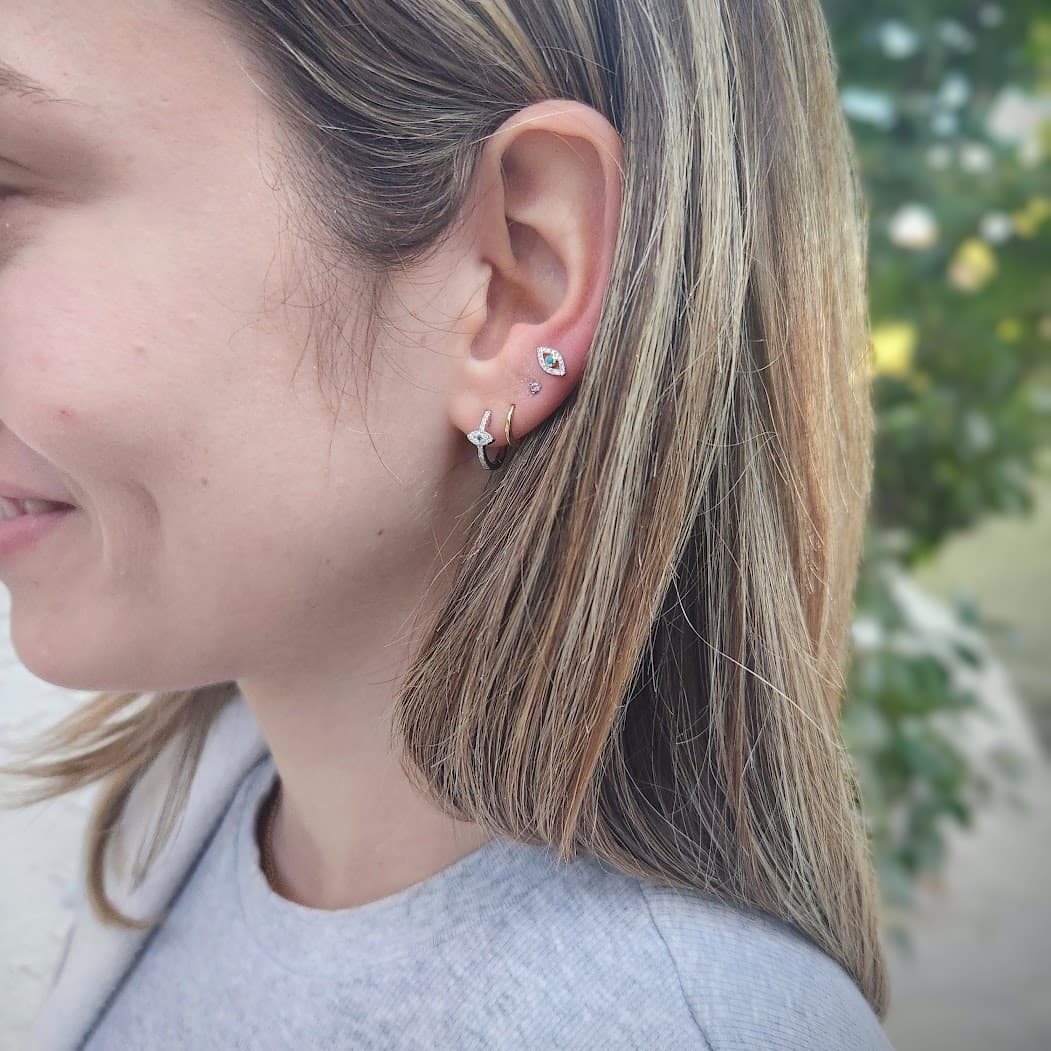 Alef Bet - Evil Eye Sapphire and Huggie Hoop Diamond Earrings 14k - Yellow or White Gold - ModernTribe