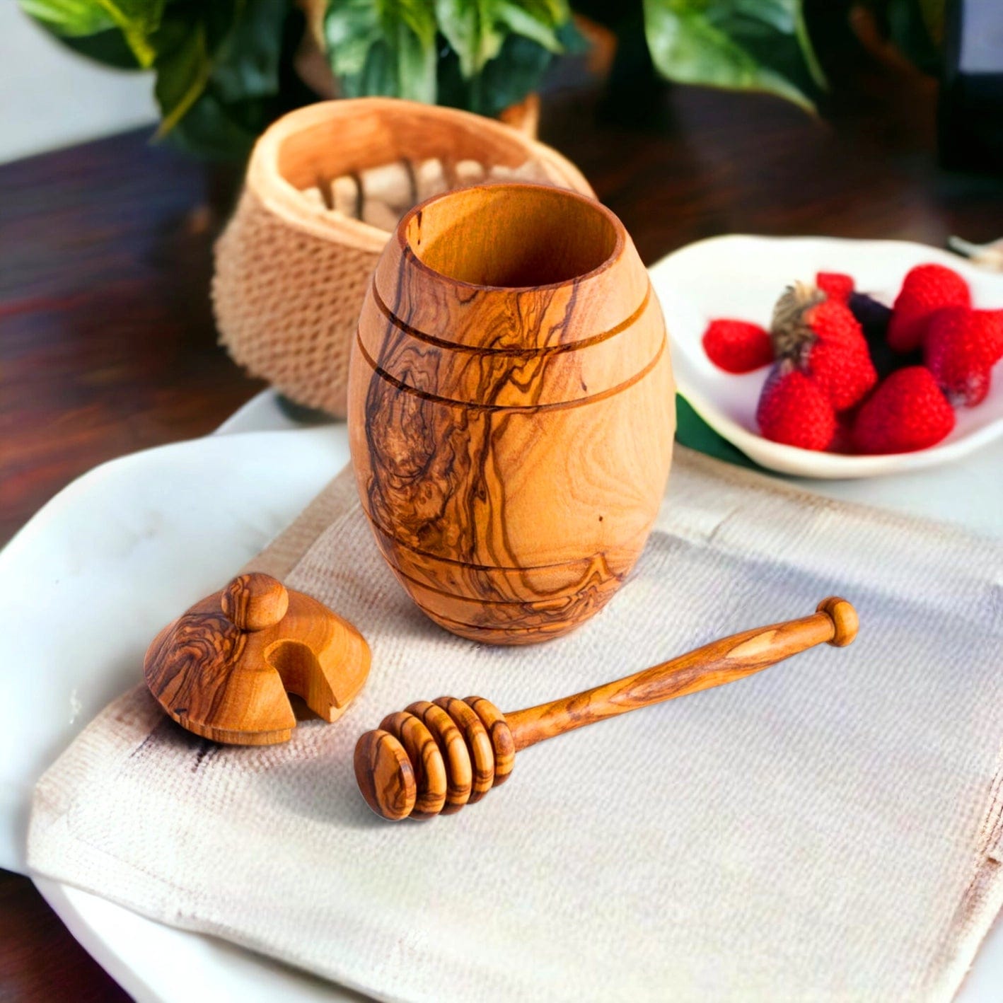 Kamsah Honey Dishes Shana Tova Olive Wood Honey Pot and Dipper