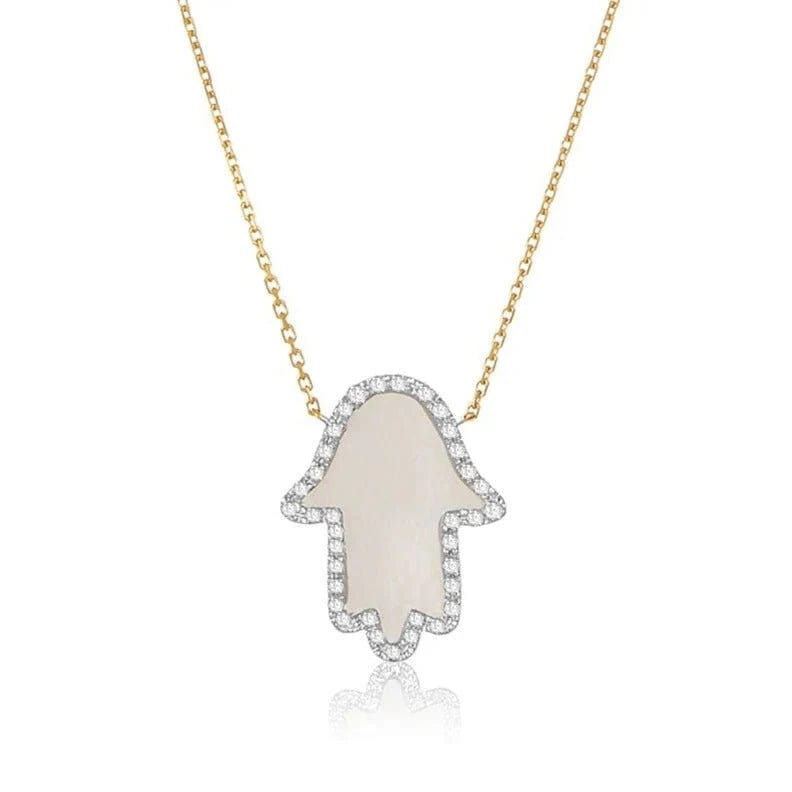 Alef Bet - 14k Gold Hamsa Diamond Frame Necklace - Turquoise or Mother of Pearl - ModernTribe