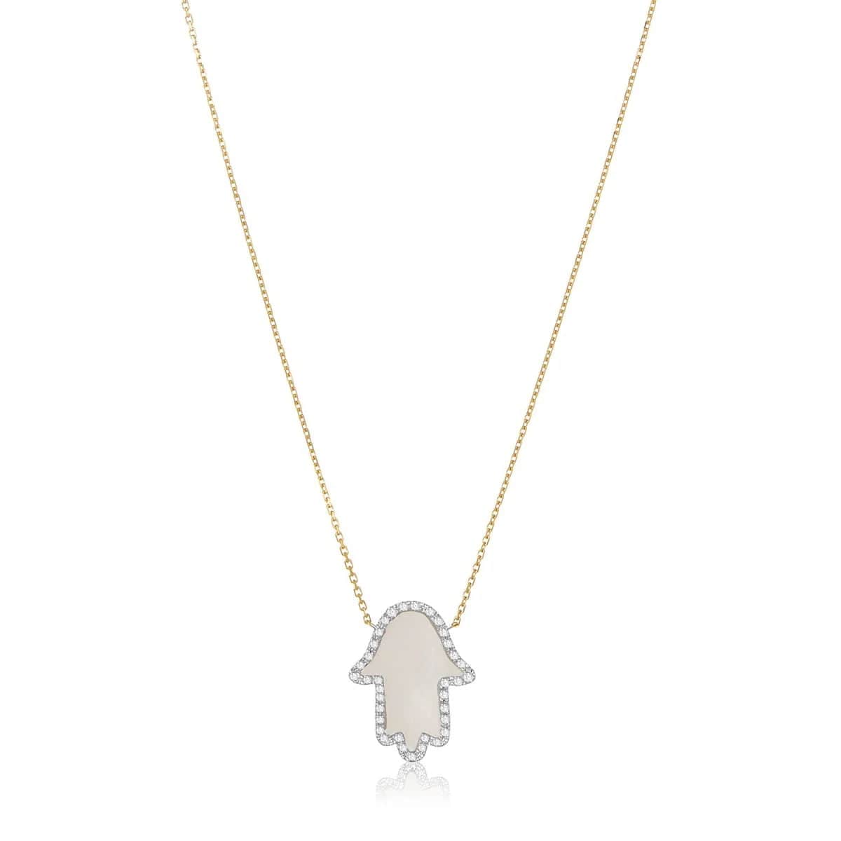 Alef Bet - 14k Gold Hamsa Diamond Frame Necklace - Turquoise or Mother of Pearl - ModernTribe