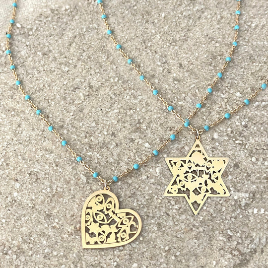 Mia Turquoise Good Luck Gold-Plated Necklace by Miriam Merenfeld - (Star of David or Heart)