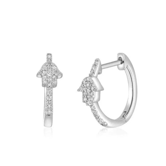 Hamsa Diamond Pave Huggie Earrings - 14k Yellow or White Gold