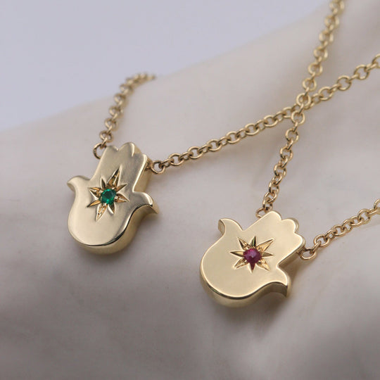 Floating Hamsa Gemstone Necklace with a Ruby or Emerald - 14k Yellow, Rose or White Gold