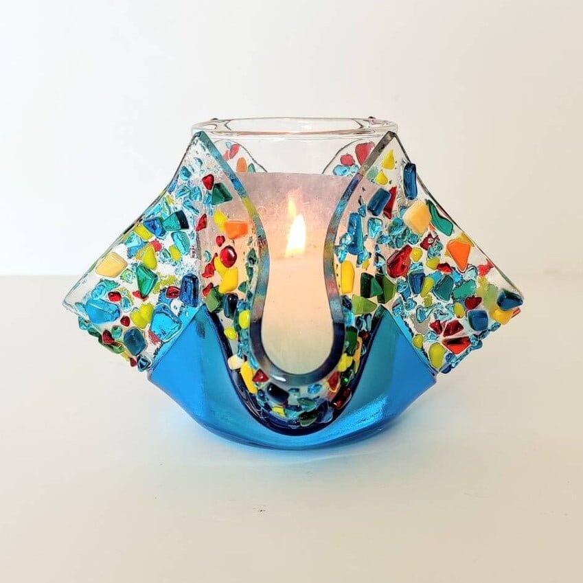 Shevi B Glass Creations - Yahrzeit Candle Holder - Turquoise Rainbow - ModernTribe