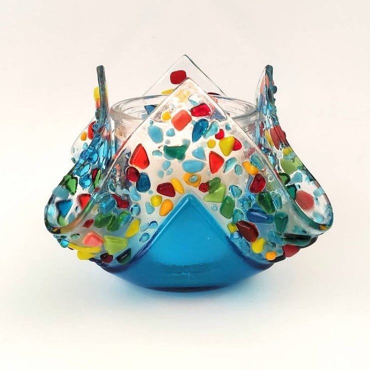 Shevi B Glass Creations - Yahrzeit Candle Holder - Turquoise Rainbow - ModernTribe