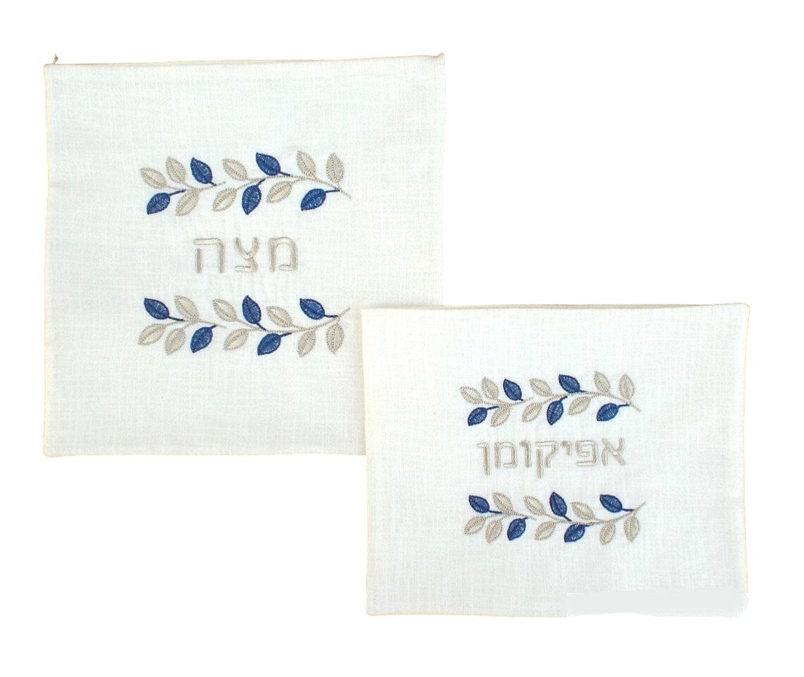 Three Generations - Blue and Silver Leafy Matzah Cover and Afikomen Bag Set - ModernTribe