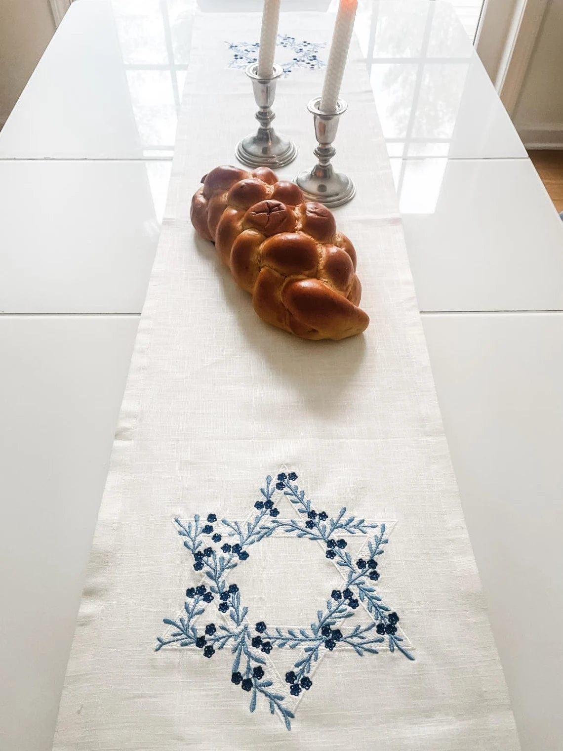 Three Generations - Ivory Linen Table Runner with Floral Magen David - ModernTribe