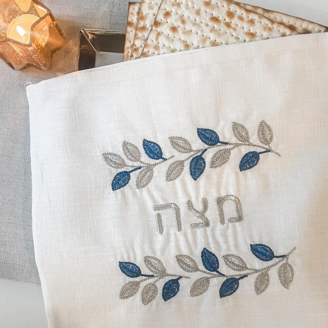 Three Generations - Blue and Silver Leafy Matzah Cover and Afikomen Bag Set - ModernTribe