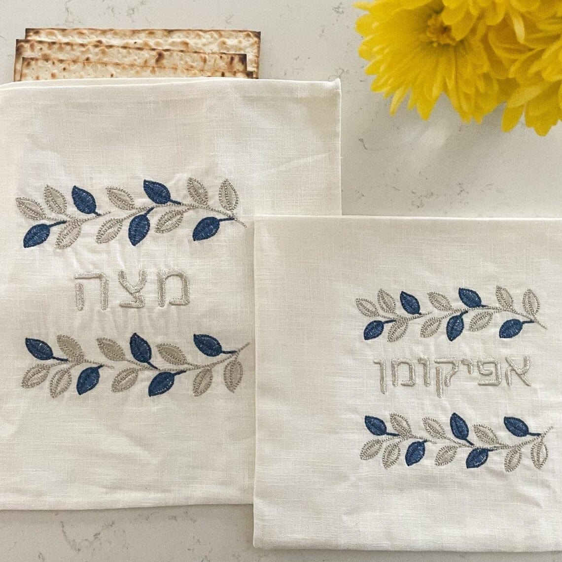 Three Generations - Blue and Silver Leafy Matzah Cover and Afikomen Bag Set - ModernTribe