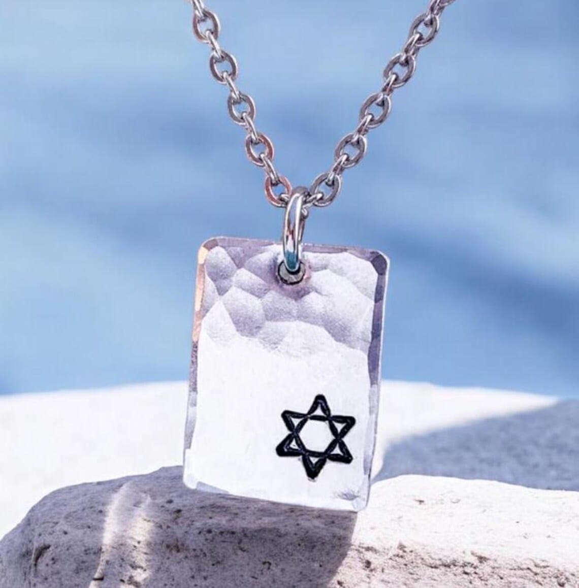 Everything Beautiful - Small Star of David Hammered Rectangle Necklace - Pewter - ModernTribe