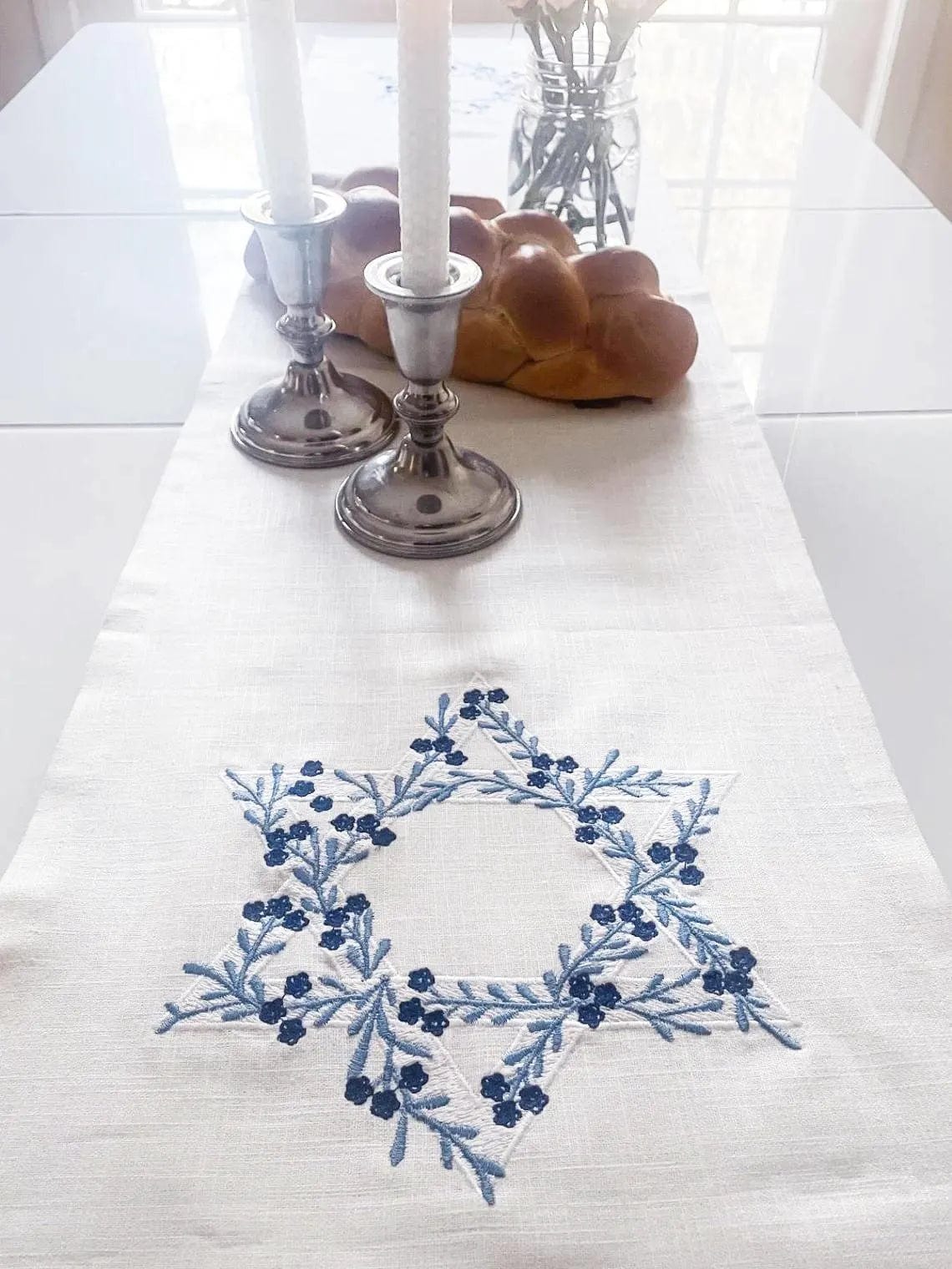 Three Generations - Ivory Linen Table Runner with Floral Magen David - ModernTribe