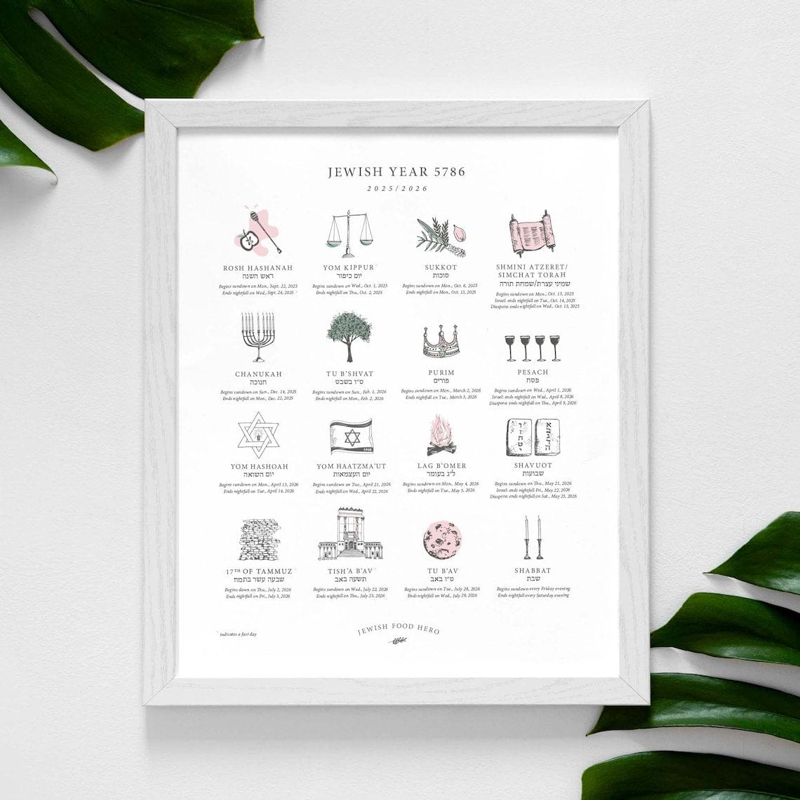 Jewish Food Hero Calendars Jewish Holiday Calendar Print 5786 (2025 - 2026) - Frame Not Included