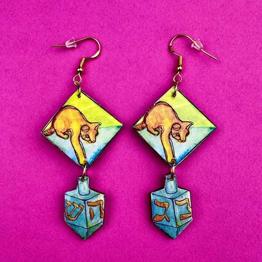 Cat and Dreidel Hanukkah Earrings
