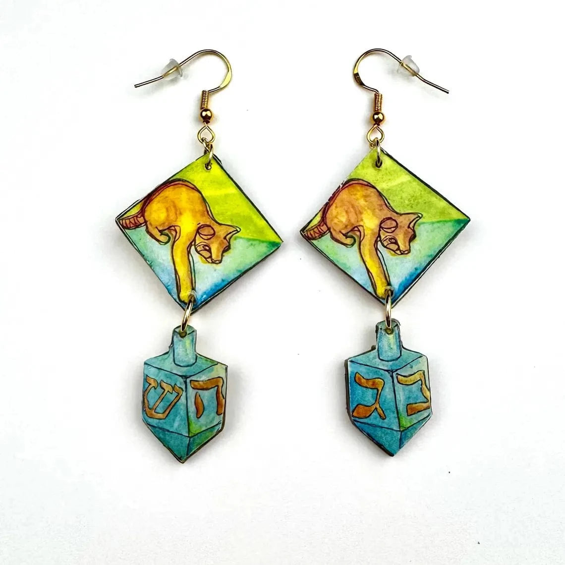 Amelia's Art-ifacts Earrings Cat and Dreidel Hanukkah Earrings