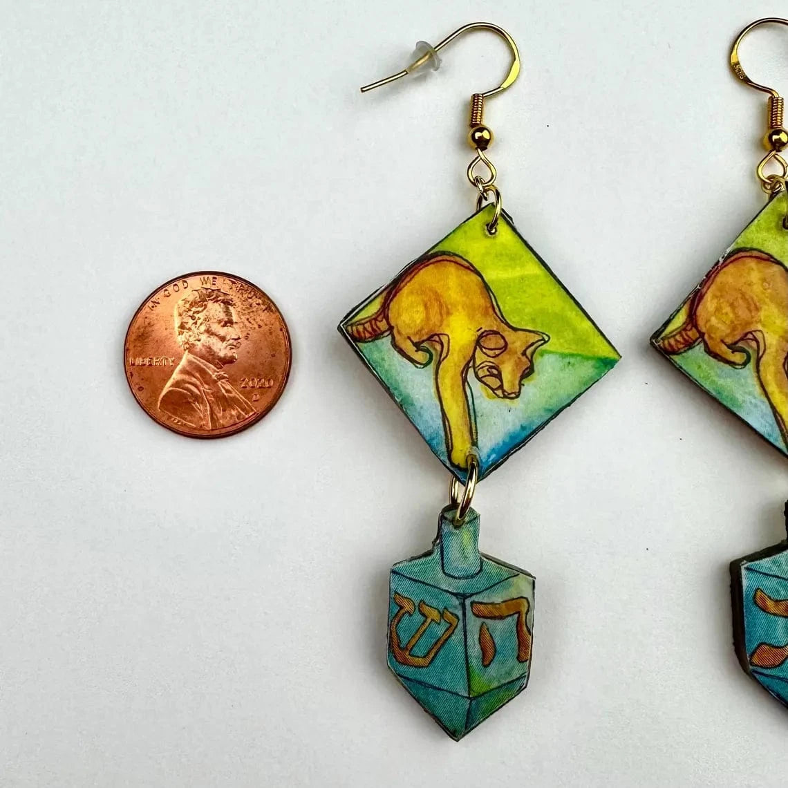 Amelia's Art-ifacts Earrings Cat and Dreidel Hanukkah Earrings