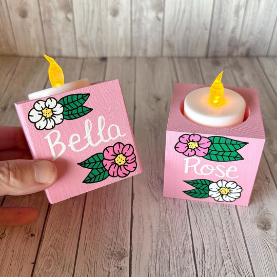 Personalized Pink Florals Shabbat Candlesticks