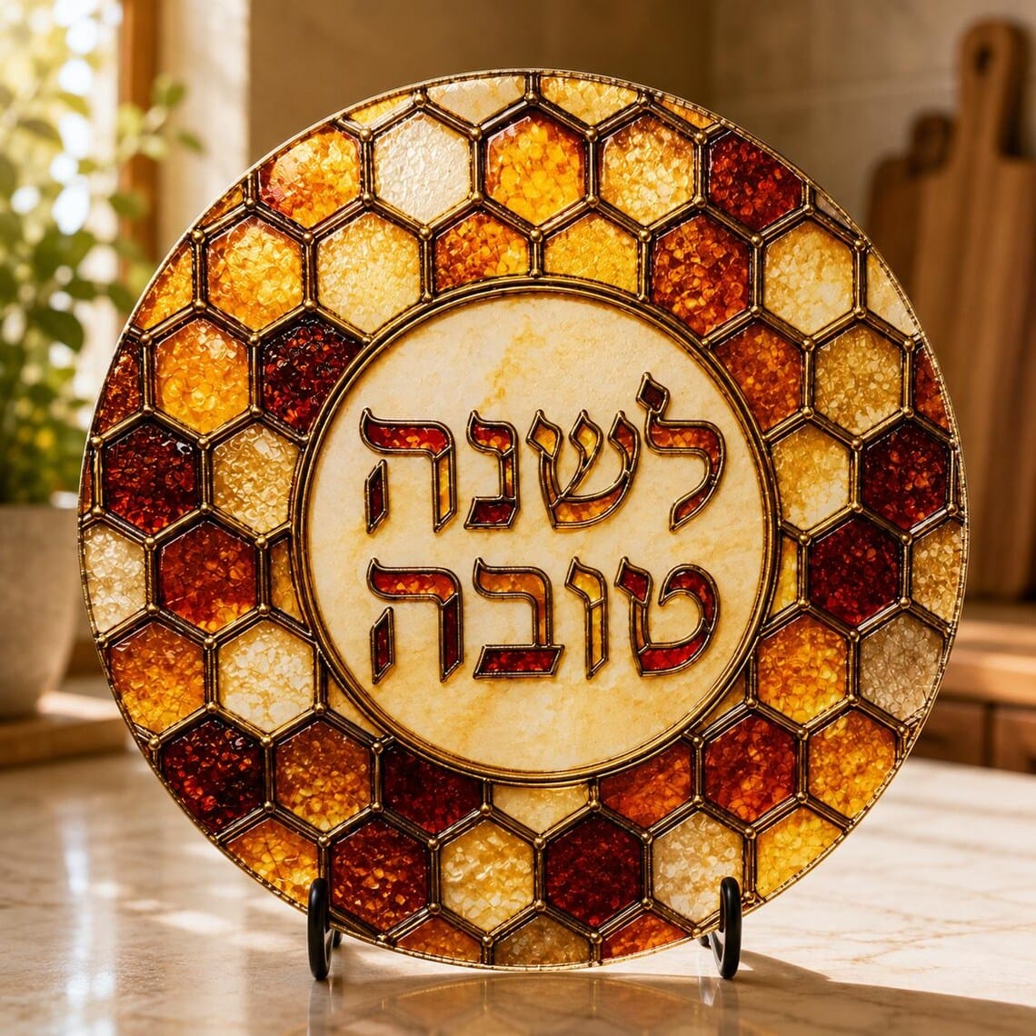 Honeycomb Border Shana Tova Round Challah Board
