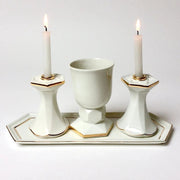 Judaica Hungarica Candlesticks Modern White and Gold Porcelain Shabbat Set - Kiddush Cup and Candlesticks