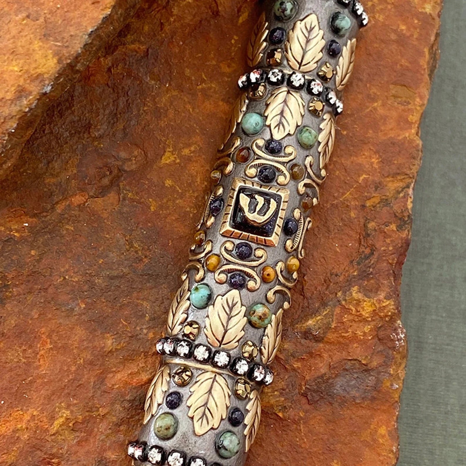Michal Golan Mezuzahs Golden Leaves Gemstones Mezuzah by Michal Golan