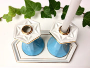 Judaica Hungarica Candlesticks Blue, White and Gold Porcelain Star of David Candlesticks and Tray