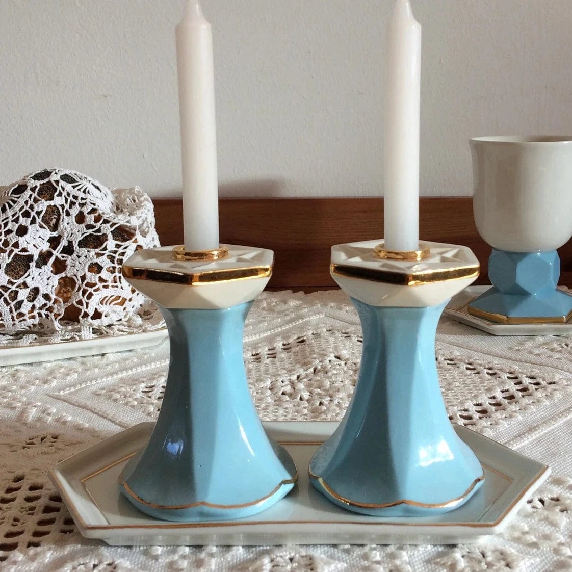 Judaica Hungarica Candlesticks Blue, White and Gold Porcelain Star of David Candlesticks and Tray