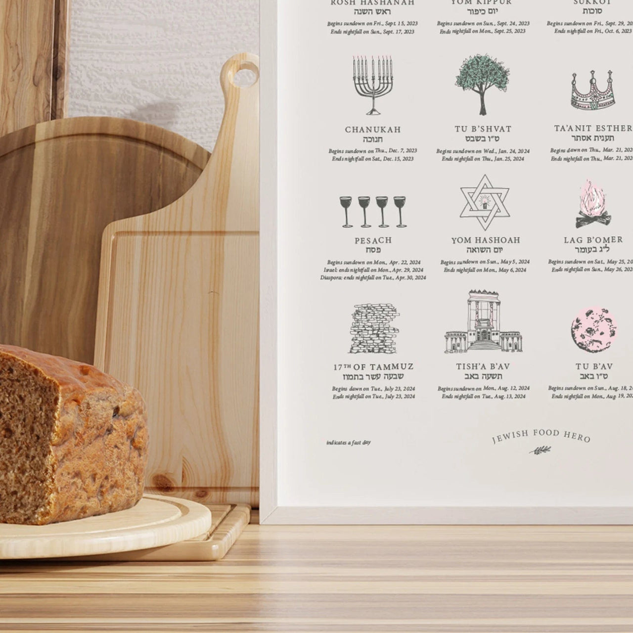 Jewish Food Hero - Jewish Holiday Calendar Print 5784 (2023 - 2024) - Frame Not Included - ModernTribe