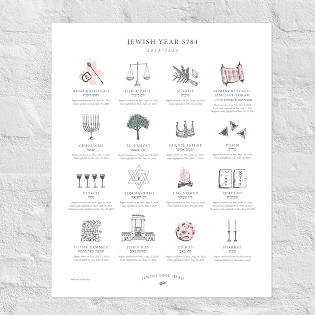 Jewish Holiday Calendar Print 5784 (2025 2025) Frame Not Included