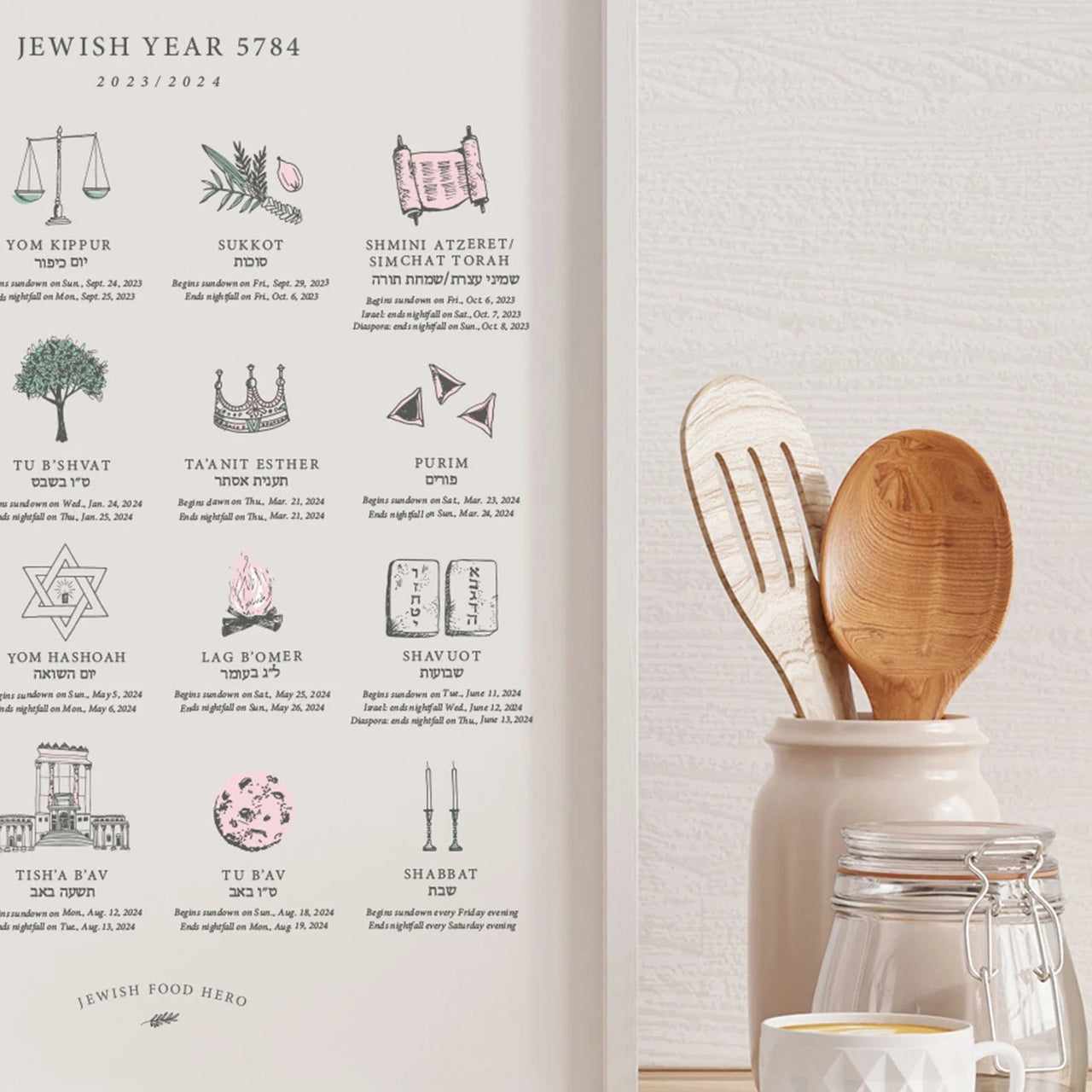 Jewish Food Hero - Jewish Holiday Calendar Print 5784 (2023 - 2024) - Frame Not Included - ModernTribe