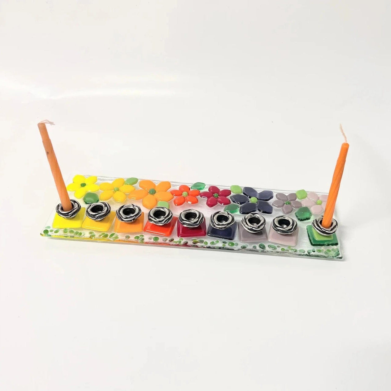 Shevi B Glass Creations - Rainbow Floral Fused Glass Menorah - ModernTribe