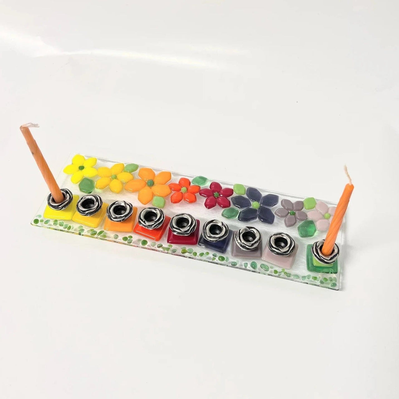 Shevi B Glass Creations - Rainbow Floral Fused Glass Menorah - ModernTribe