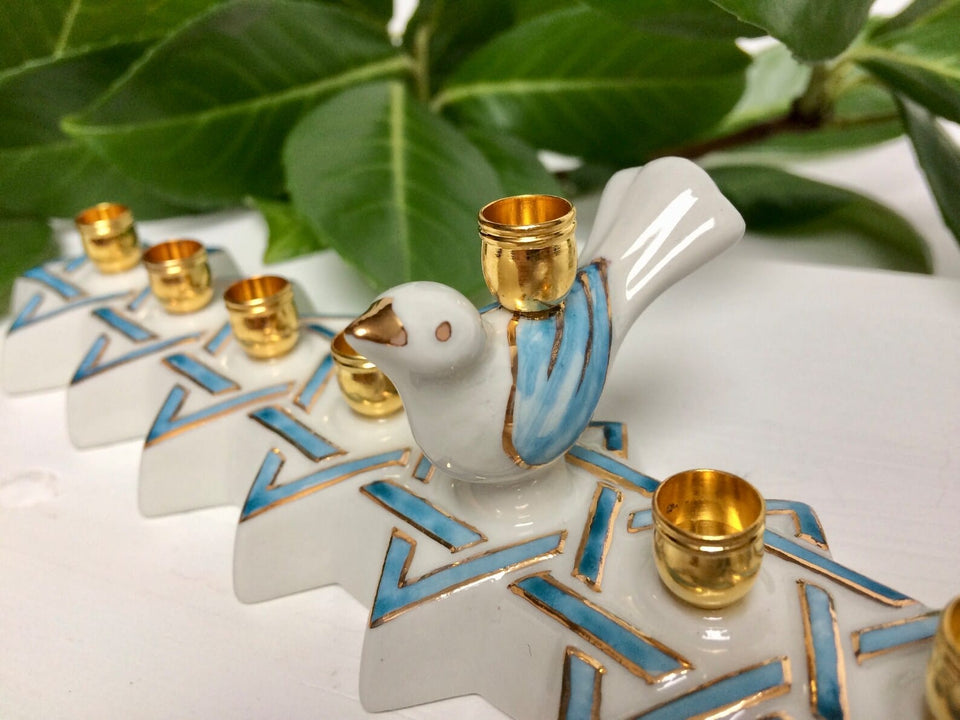 Judaica Hungarica - Porcelain Blue Bird Menorah - ModernTribe