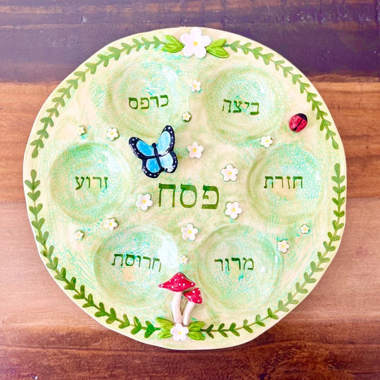 Magic Mushroom Butterfly Garden Ceramic Seder Plate
