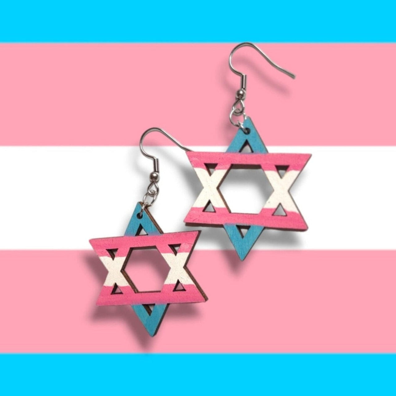 Eclectic Judaica Earrings Wooden Trans Flag Star of David Earrings